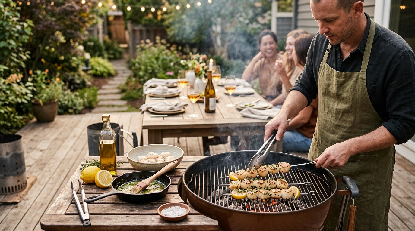 Large sea scallops searing on a hot grill grate with a deep golden-brown crust forming on each flat face