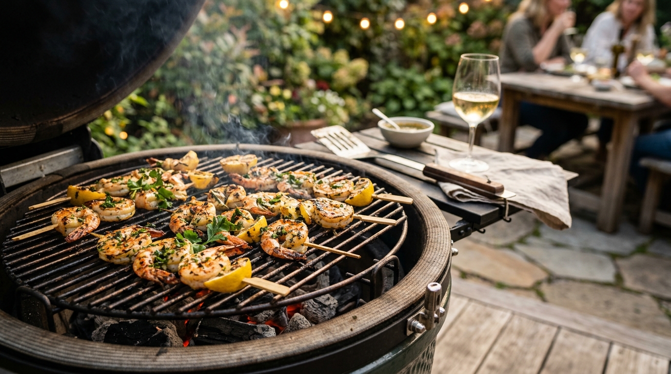 Seasoned shrimp skewers grilling over direct charcoal heat with golden char marks developing on the pink shrimp