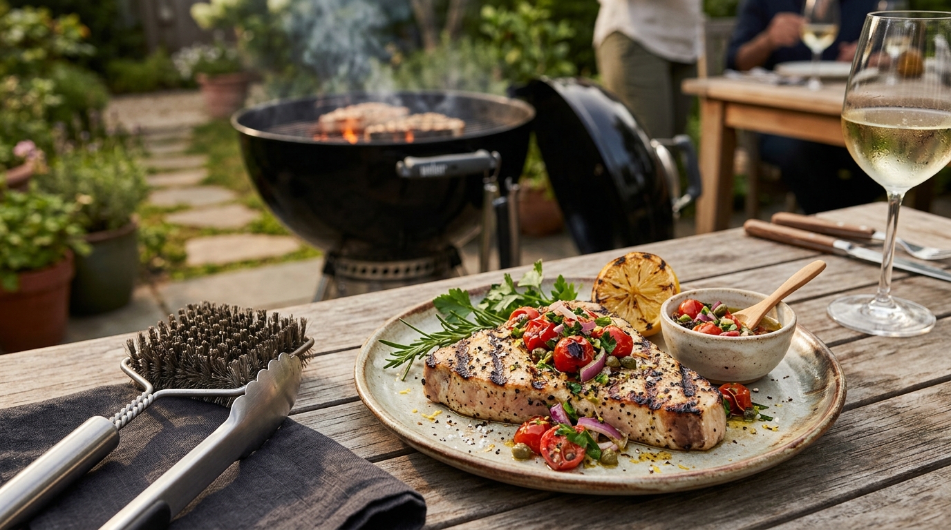 Thick swordfish steak with golden grill marks on a hot charcoal grill, lemon wedges and fresh herbs alongside