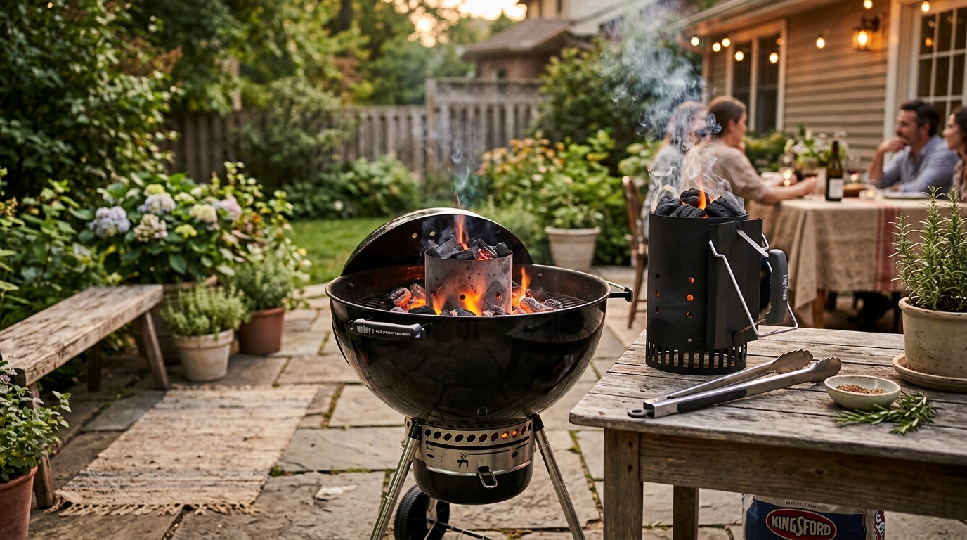 Charcoal chimney starter filled with glowing red-orange coals being poured into a Weber kettle grill on a backyard patio