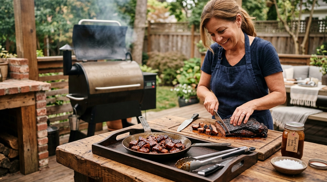 Caramelized brisket burnt ends in a cast iron pan, dark mahogany bark glistening with BBQ sauce