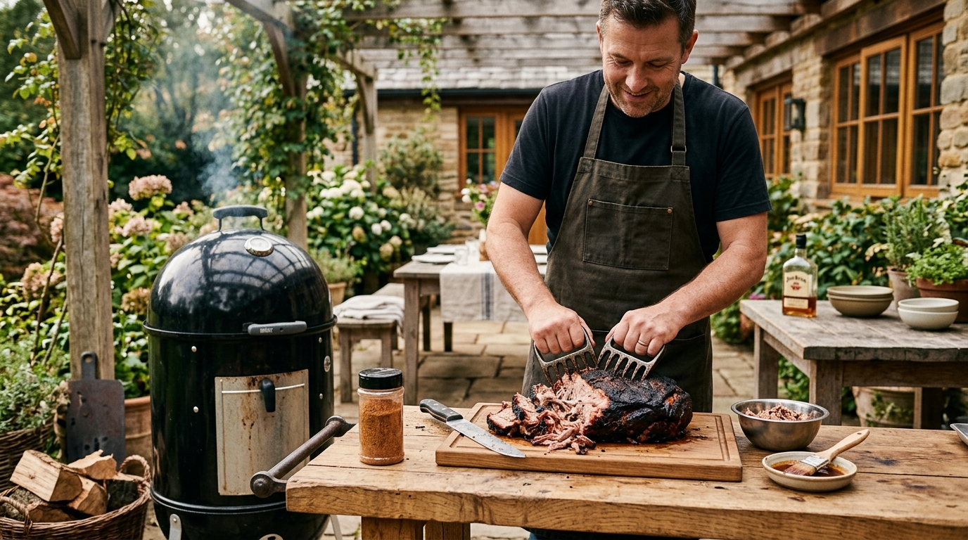 Freshly shredded smoked pulled pork piled on a wooden cutting board with dark smoky bark pieces throughout