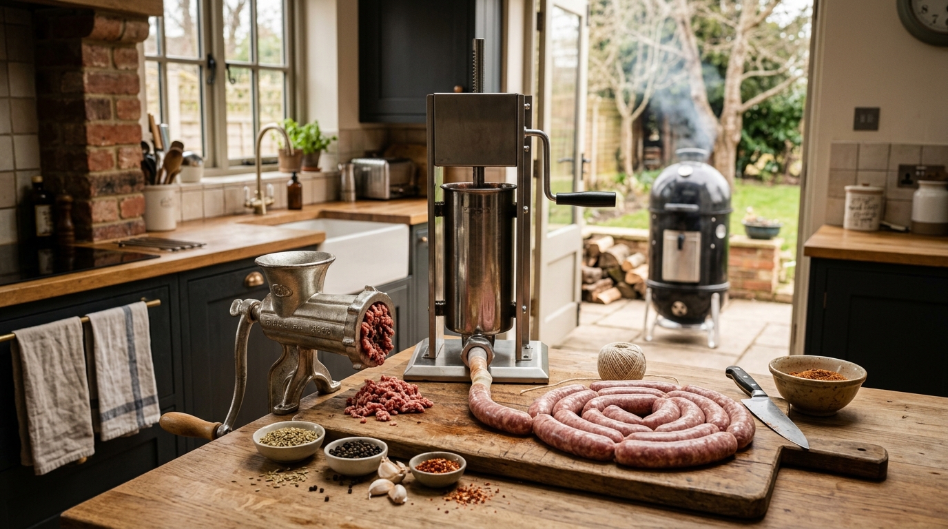 Homemade smoked sausage links coiled on a wooden cutting board beside a smoker with thin blue smoke curling from the chimney