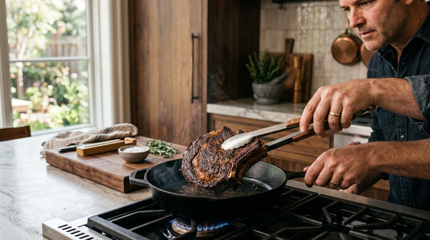 Thick ribeye steak being seared in a cast iron pan after slow-roasting, with a deep brown crust and visible marbling