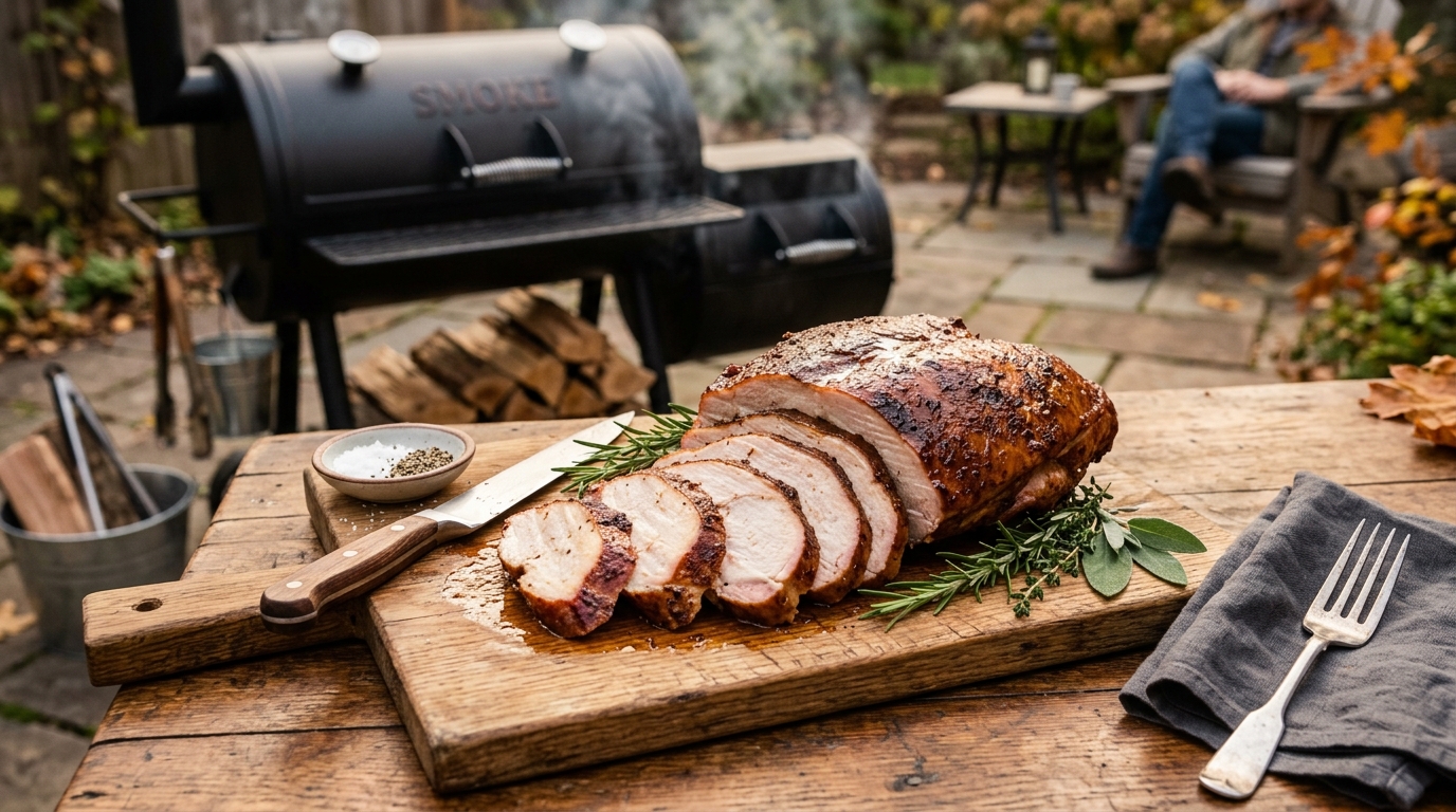 Sliced smoked turkey breast on a wooden cutting board with golden mahogany skin and wisps of smoke in the background