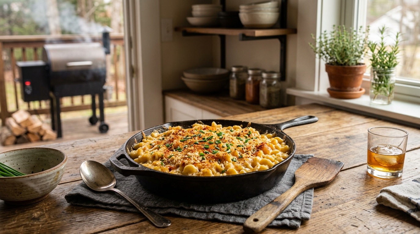 Cast iron skillet of bubbling smoked mac and cheese on a pellet smoker grate, with a light haze of thin blue smoke visible above the golden breadcrumb topping