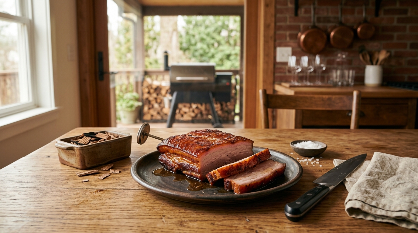 Thick slices of smoked pork belly with a dark caramelized bark resting on a cutting board
