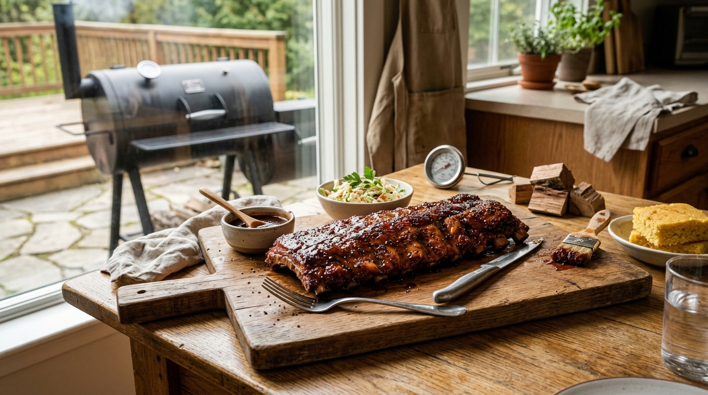 Rack of pork ribs on a smoker grate with caramelized dark bark and thin blue smoke rising around them