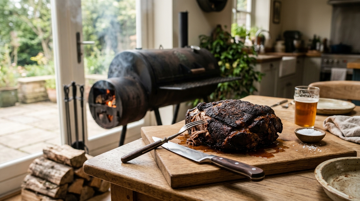 Bone-in pork shoulder on a smoker grate with a dark mahogany bark and wisps of smoke rising around it