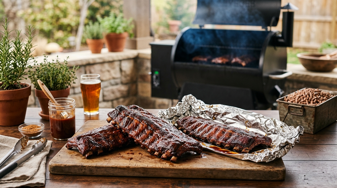 Rack of spare ribs on a smoker grate showing deep mahogany bark with thin blue smoke drifting across the surface