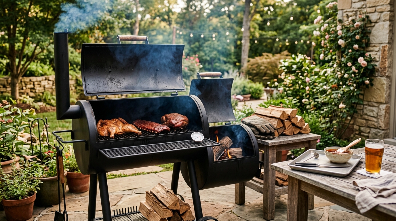 Offset smoker with thin blue smoke rising from the chimney, sitting on a backyard patio with a bag of wood splits nearby
