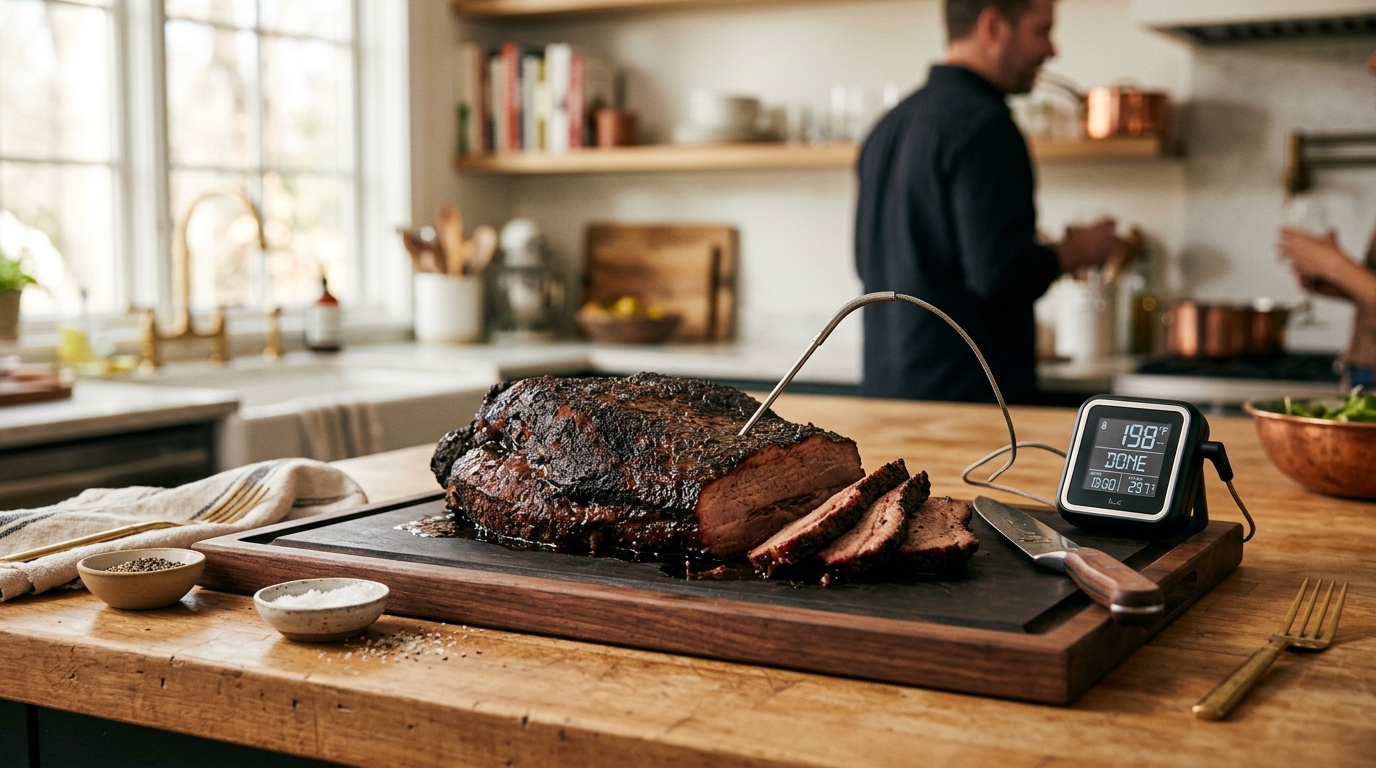 Wireless meat thermometer probe inserted into a full packer brisket resting on a pellet smoker grate
