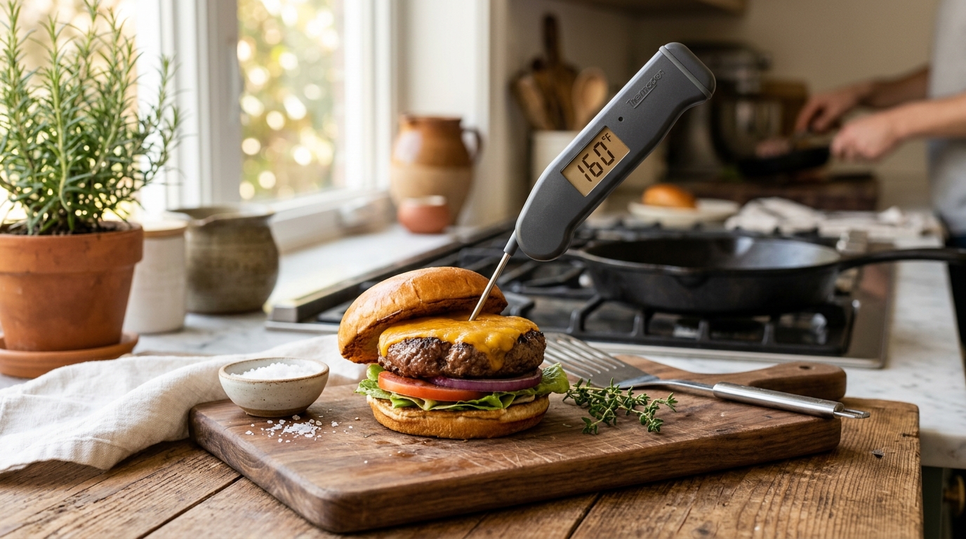 Instant-read thermometer probing a thick beef burger patty on a charcoal grill grate, smoke rising in the background