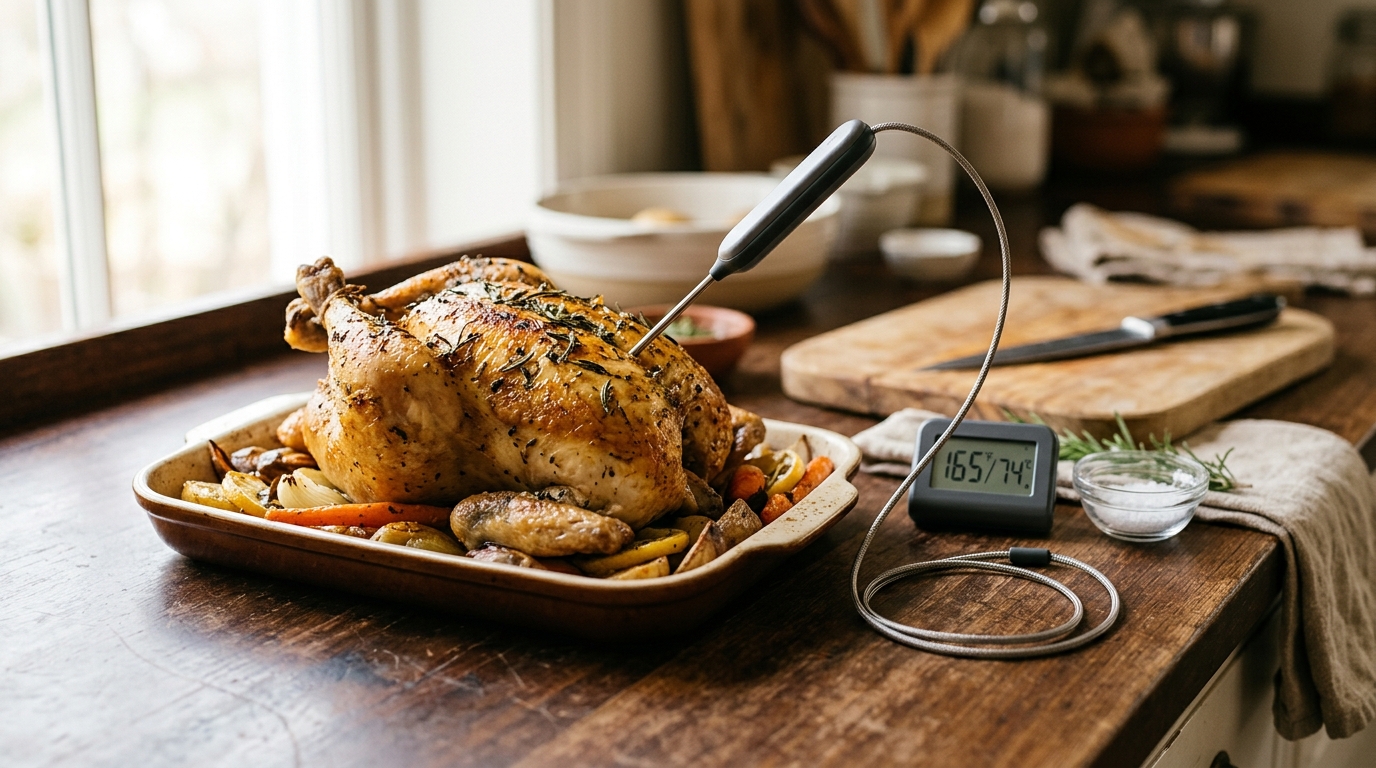 Instant-read thermometer inserted into a golden grilled chicken breast on a charcoal grill grate