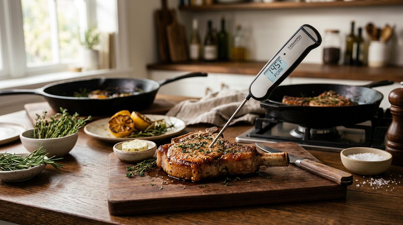 Instant-read thermometer probing a thick bone-in pork chop searing on a charcoal grill