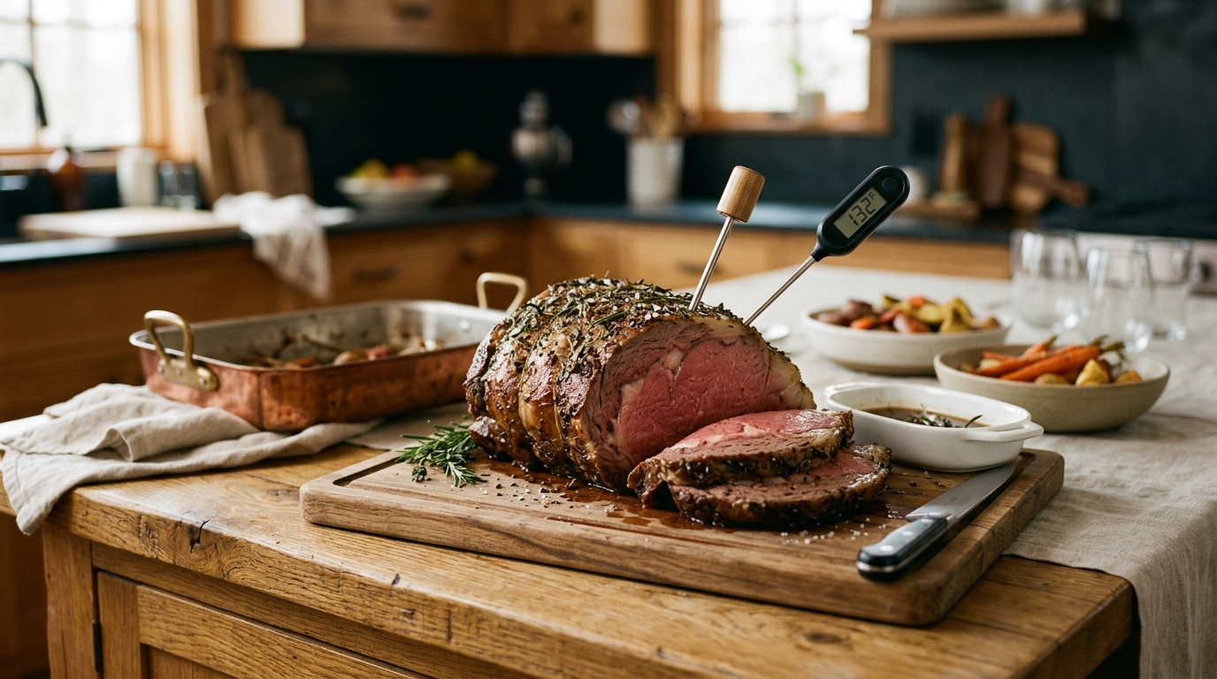 Leave-in probe thermometer inserted into a bone-in prime rib roast resting on a wooden cutting board with juices pooling around it