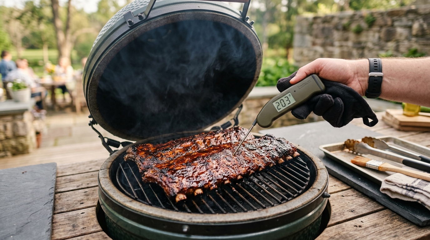 Wireless probe thermometer inserted between rib bones on a backyard offset smoker