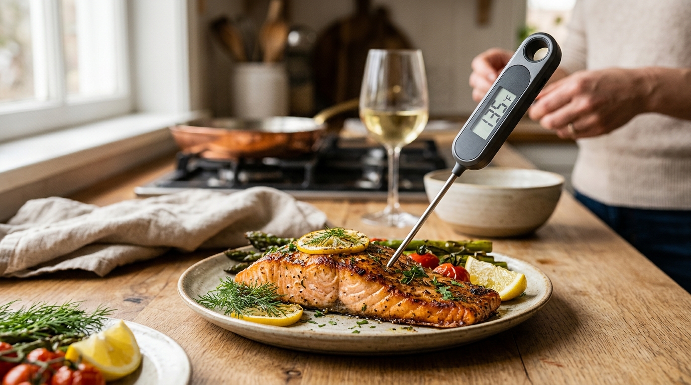 Instant-read thermometer inserted into a grilled salmon fillet on a grill grate with caramelized skin and light smoke