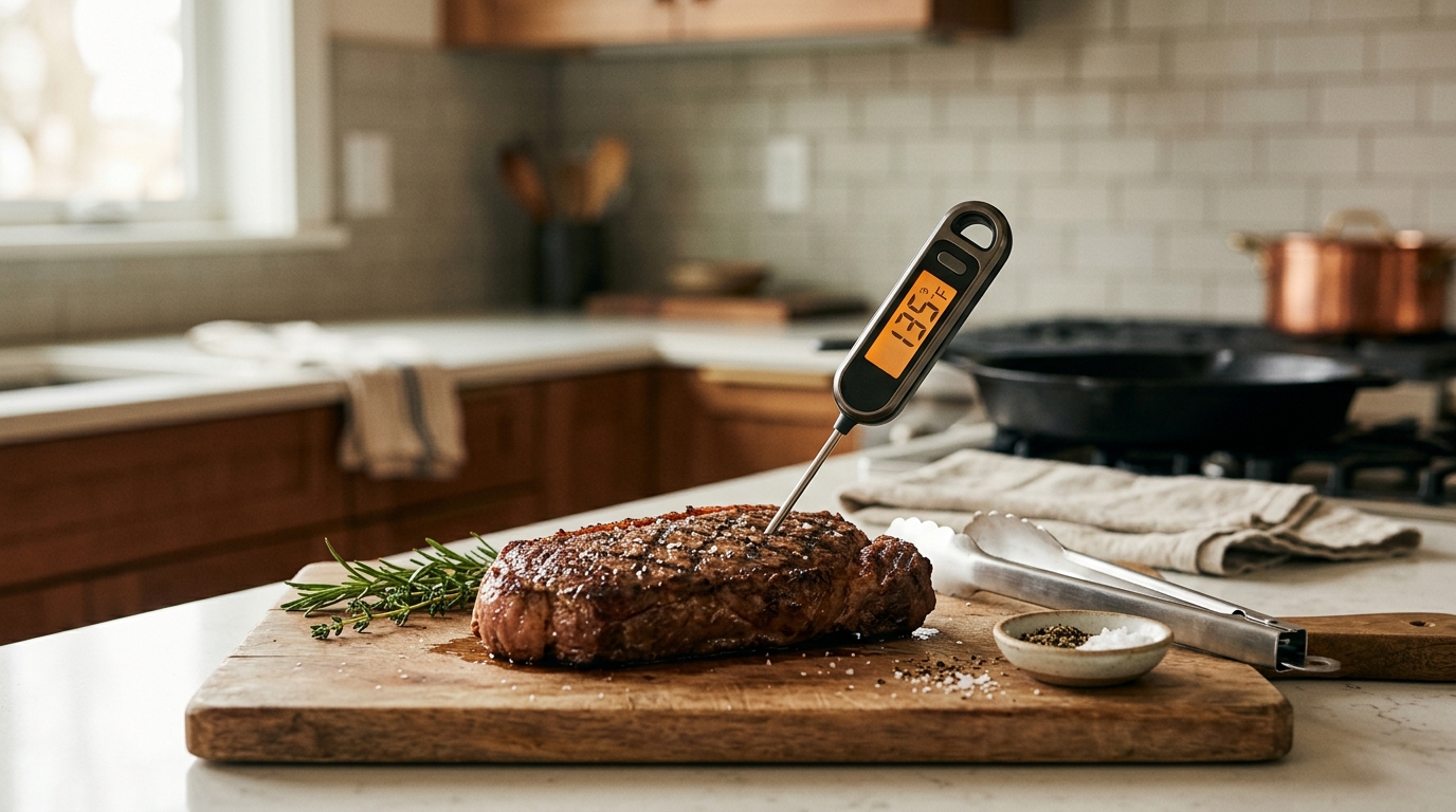 Instant-read thermometer probing a seared ribeye on a cast iron grill grate