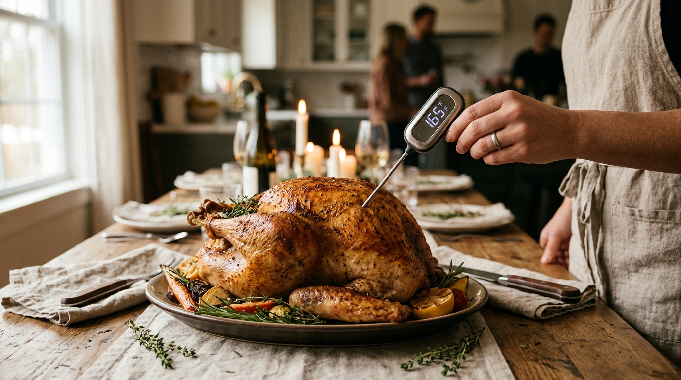 Instant-read thermometer inserted into a golden smoked turkey on a pellet grill grate