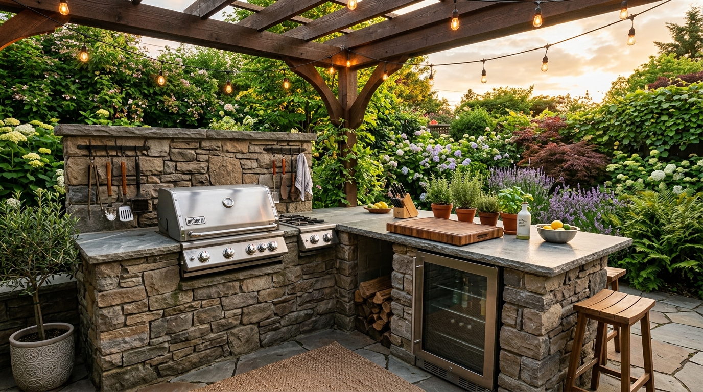 A complete outdoor kitchen with built-in grill, granite countertops, side burner, and bar seating on a stone patio
