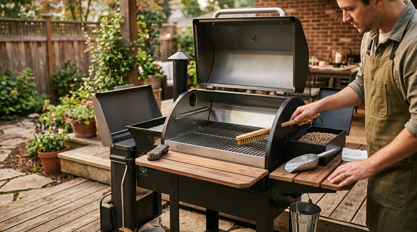 Person vacuuming ash from the interior of a pellet grill with the grates removed on a backyard patio