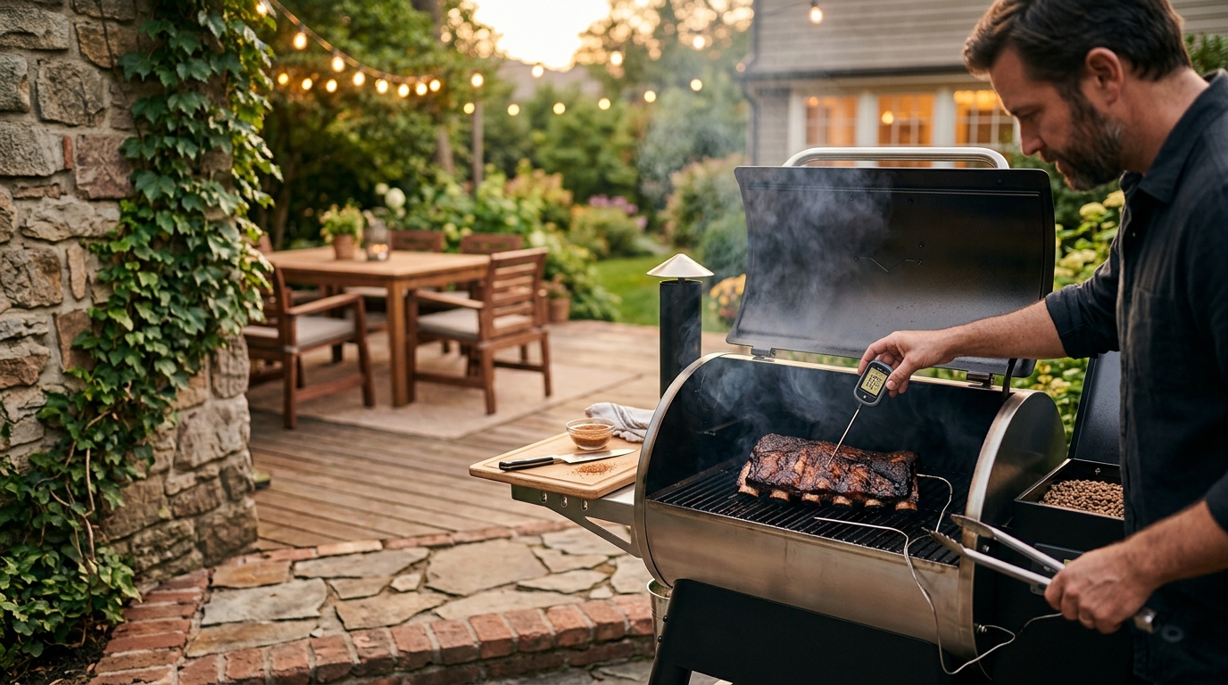 Pellet grill with the lid open showing ribs and a digital thermometer probe, smoke rising above the grates