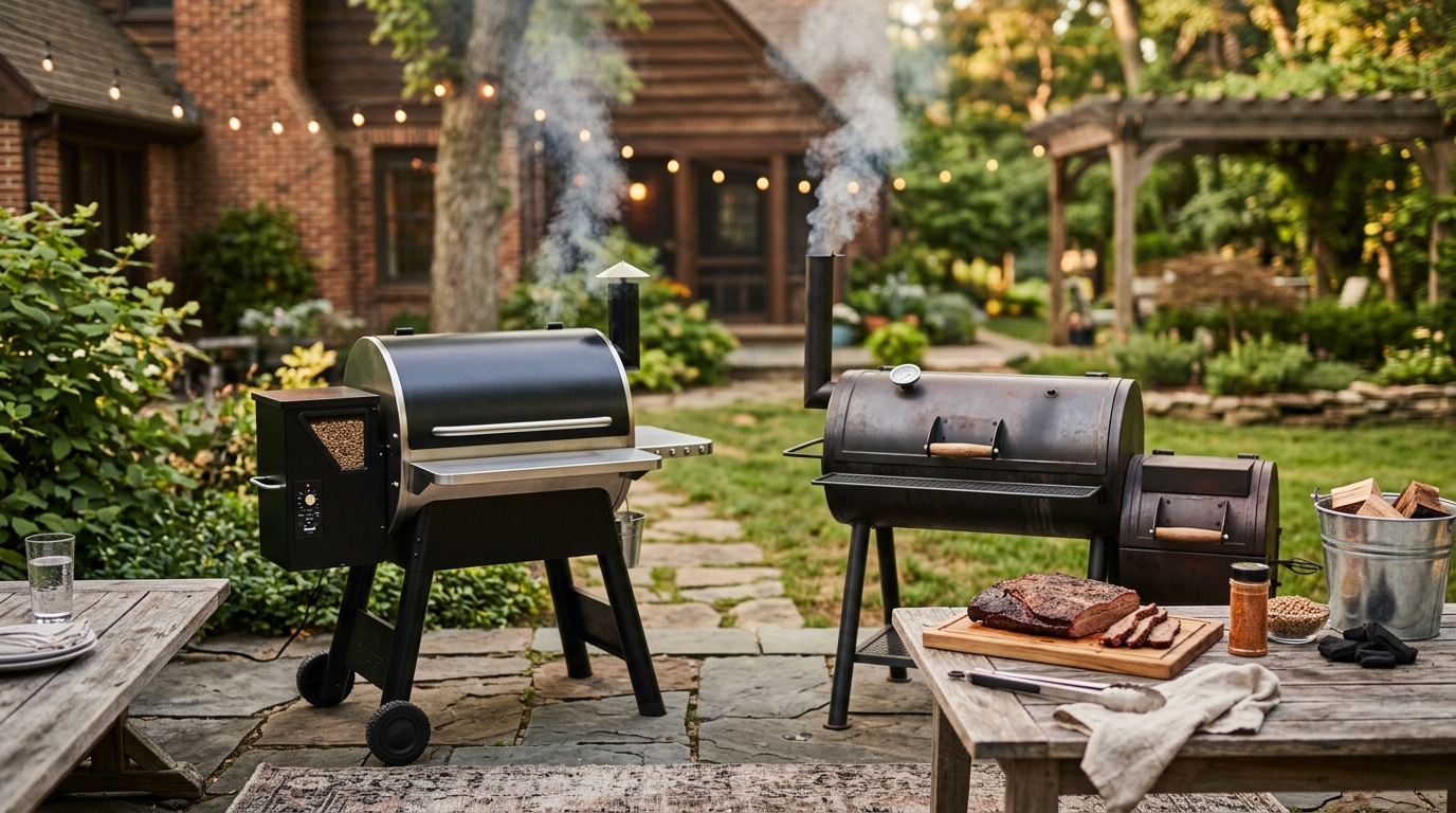 A pellet grill and a traditional offset smoker side by side on a backyard patio with smoke rising from both