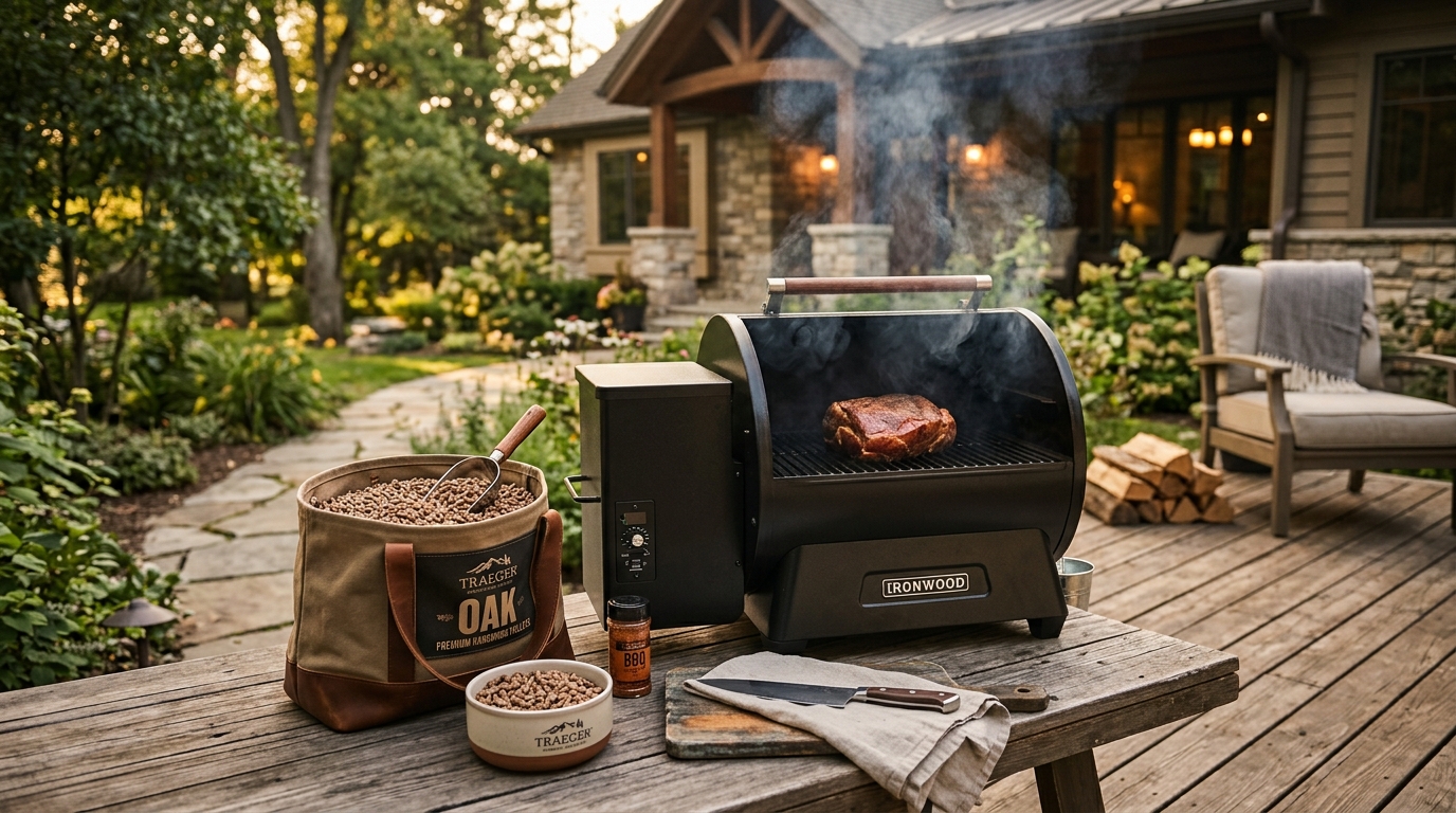 Wood pellets filling the hopper of a pellet smoker, with smoke rising from the barrel during a low-and-slow cook