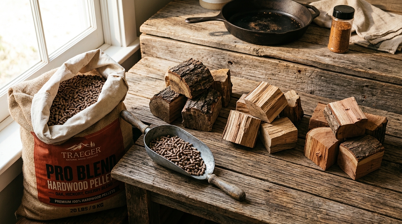 Wood pellets in an open burlap bag on a wooden surface next to a pellet smoker, with smoke drifting up
