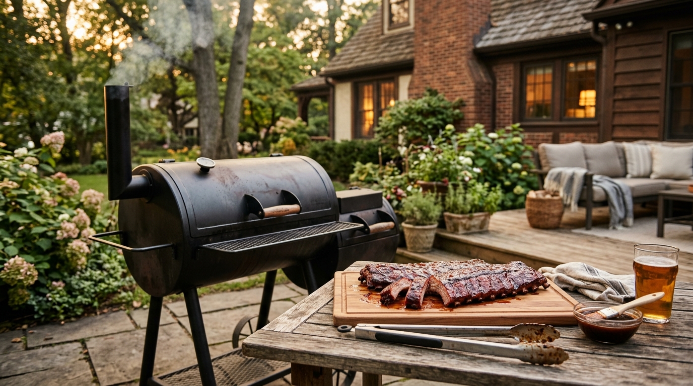 Rack of pork ribs standing vertically in a rib rack inside a smoker with deep mahogany bark and wisps of blue smoke curling around the slabs