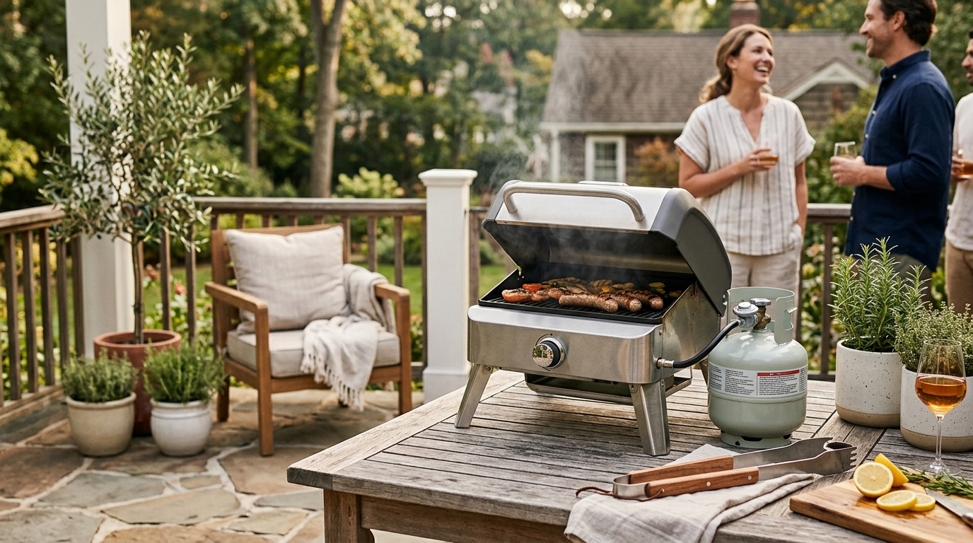 Small green 1-lb propane cylinder next to a compact tabletop propane grill on a wooden picnic table outdoors