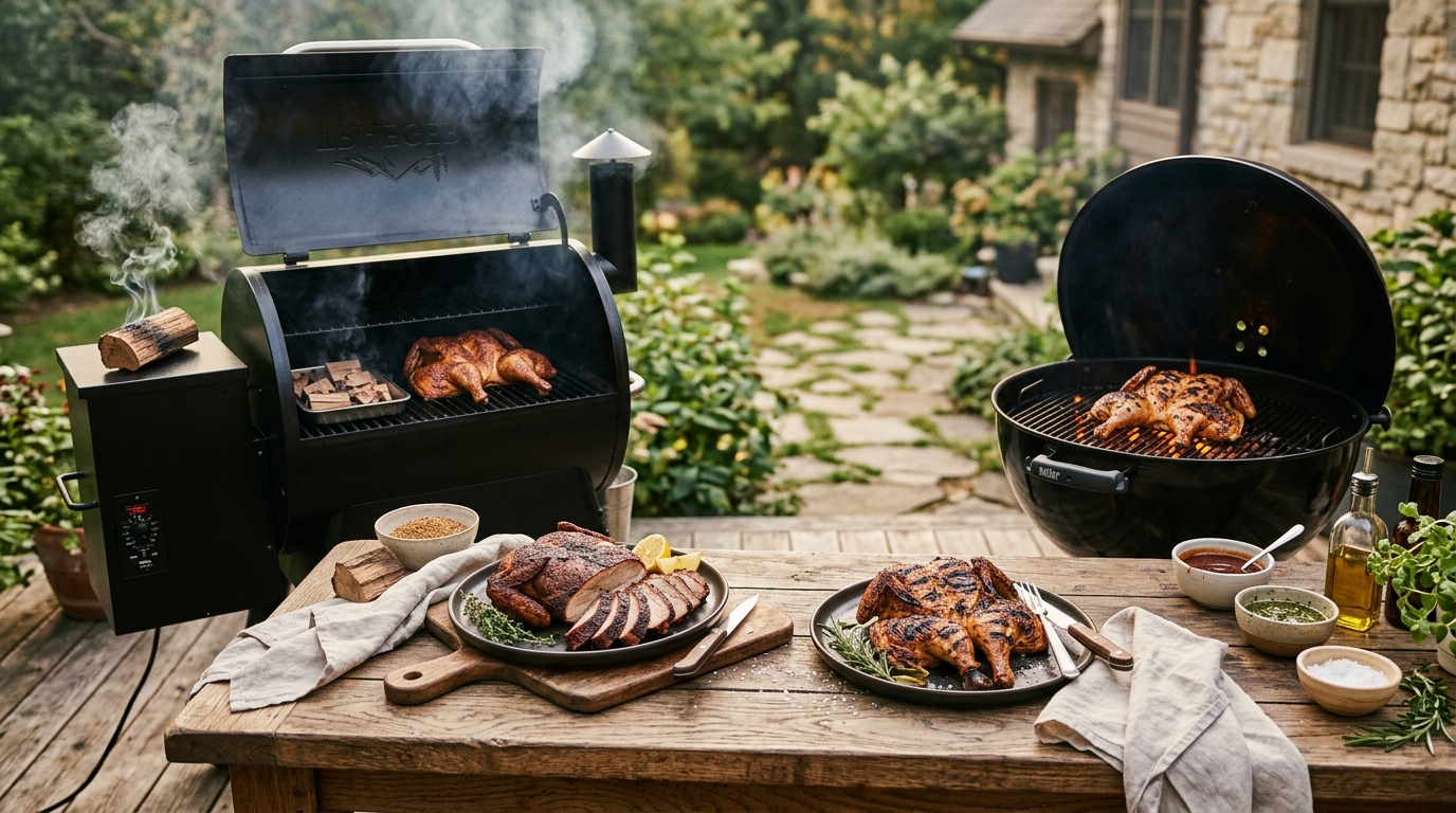 Side by side of a whole smoked chicken with mahogany skin and grilled chicken halves with char marks on a wooden cutting board