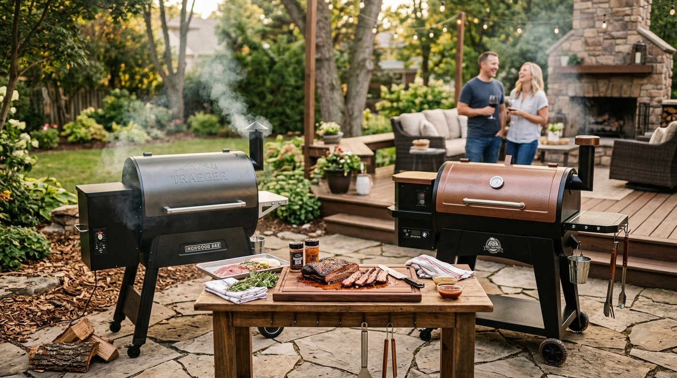 Traeger Pro 575 pellet grill next to a Pit Boss 700FB pellet grill on a backyard deck