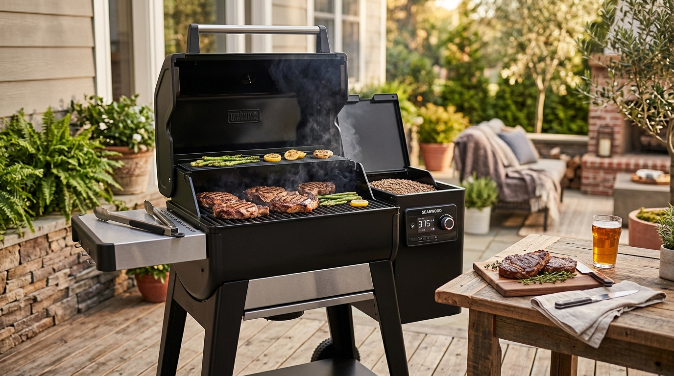 Weber Searwood 600 pellet grill on a patio with a brisket smoking on the main grate and blue smoke rising from the barrel